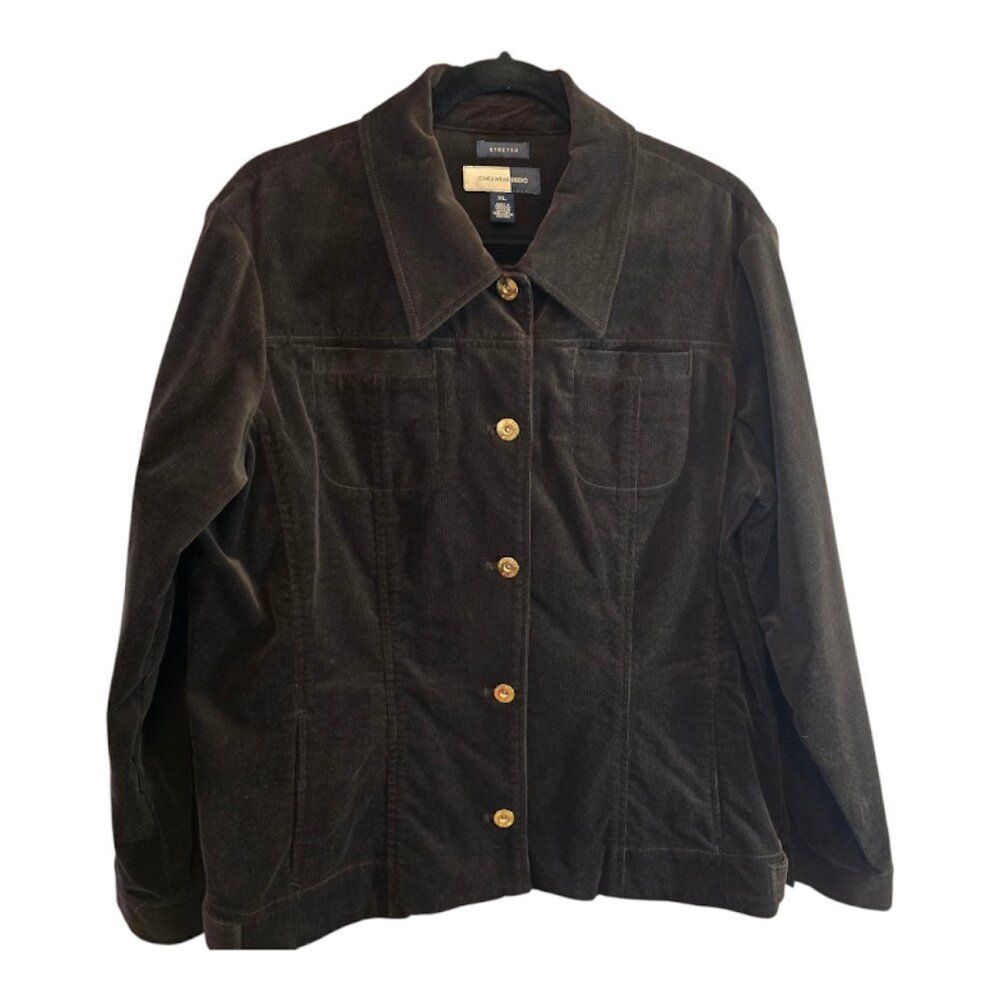 JONES WEAR STUDIO STRETCH CORDUROY JACKET GOLD BUTTONS SIZE XL DARK BROWN COTTON